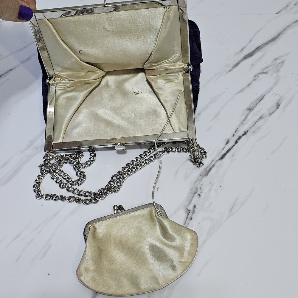Vintage Purple Velvet Evening Bag Silver Frame Chain Strap Kiss Lock Purse - Picture 12 of 16
